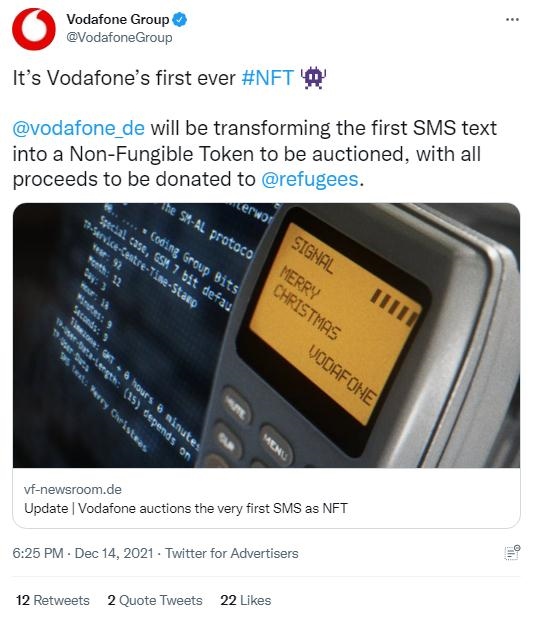 英國沃達(dá)豐公司也表示，計(jì)劃將拍賣所得全部捐贈(zèng)給聯(lián)合國難民署，以支持那些被迫逃離家園的人。(圖片來源：英國沃達(dá)豐公司社交媒體截圖)