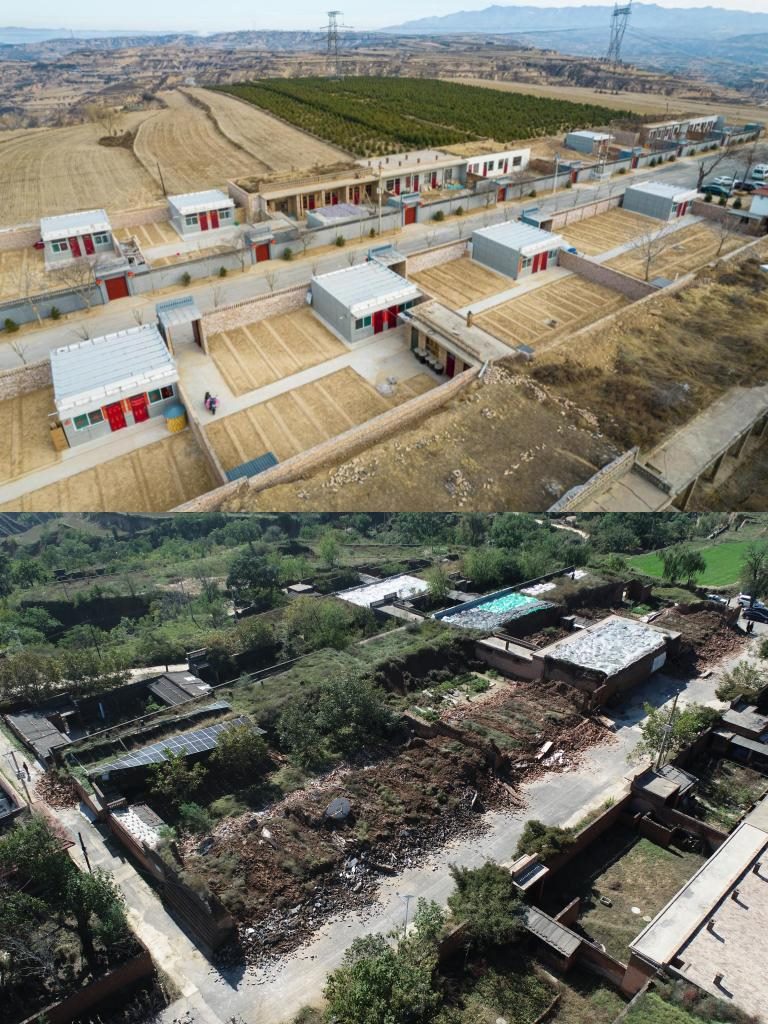 拼版照片，上圖是2022年1月山西省霍州市師莊鄉(xiāng)馮南垣村災(zāi)后恢復(fù)重建后的場景，下圖是2021年10月村莊因災(zāi)受損的場景。(霍州市委宣傳部供圖)