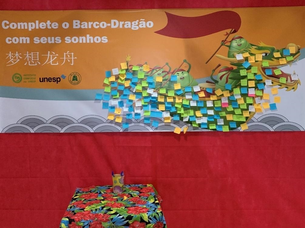 活動(dòng)現(xiàn)場設(shè)置了“夢想龍舟”環(huán)節(jié)，大家將自己寫下的心愿貼在“龍舟”上，期盼“龍舟”承載自己的夢想駛向更美好的未來。（圣保羅州立大學(xué)孔子學(xué)院供圖）