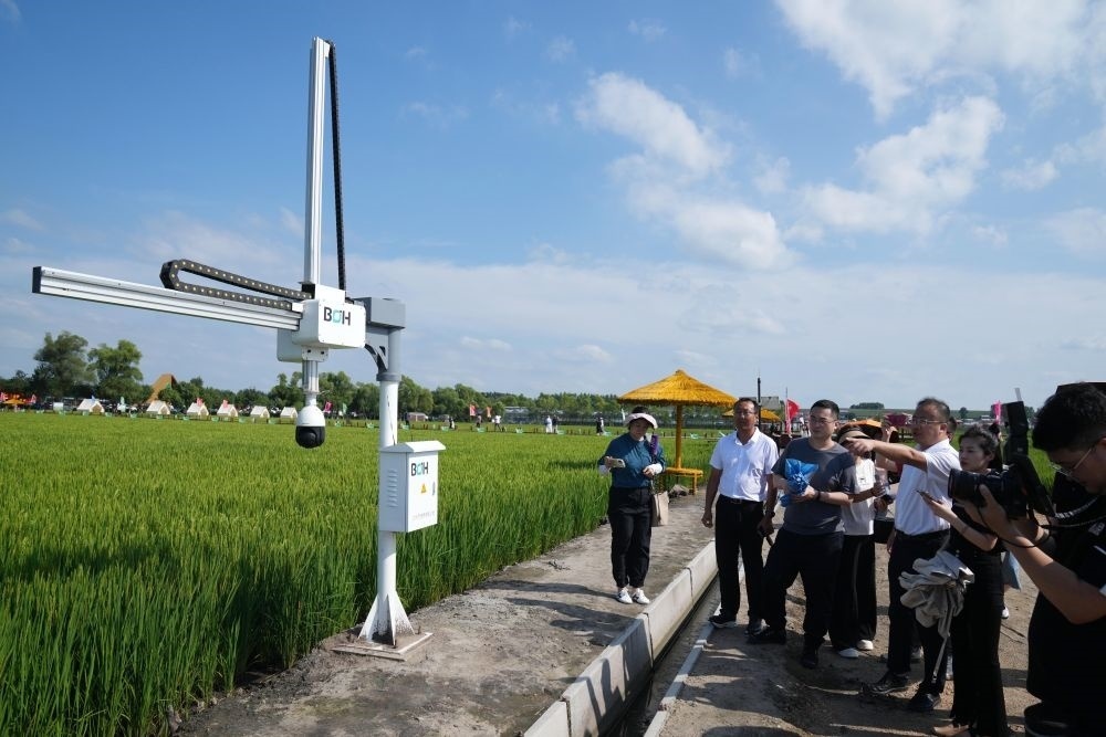 在北大荒集團(tuán)閆家崗農(nóng)場有限公司農(nóng)業(yè)現(xiàn)代化示范區(qū)，工作人員在介紹利用數(shù)字技術(shù)的葉齡診斷儀（2023年8月10日攝）。新華社記者 王建威 攝