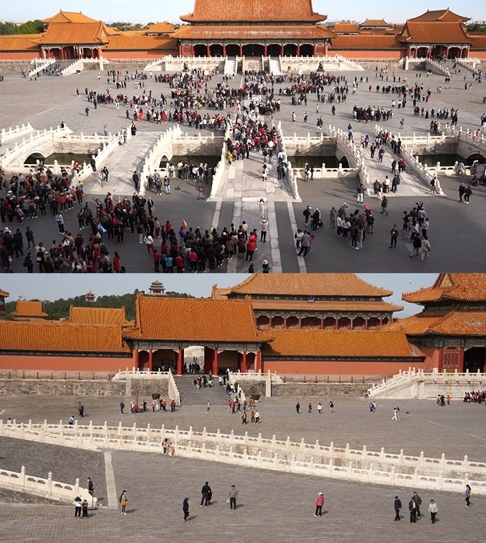上午9時和下午13時的太和門廣場客流對比。故宮博物院供圖