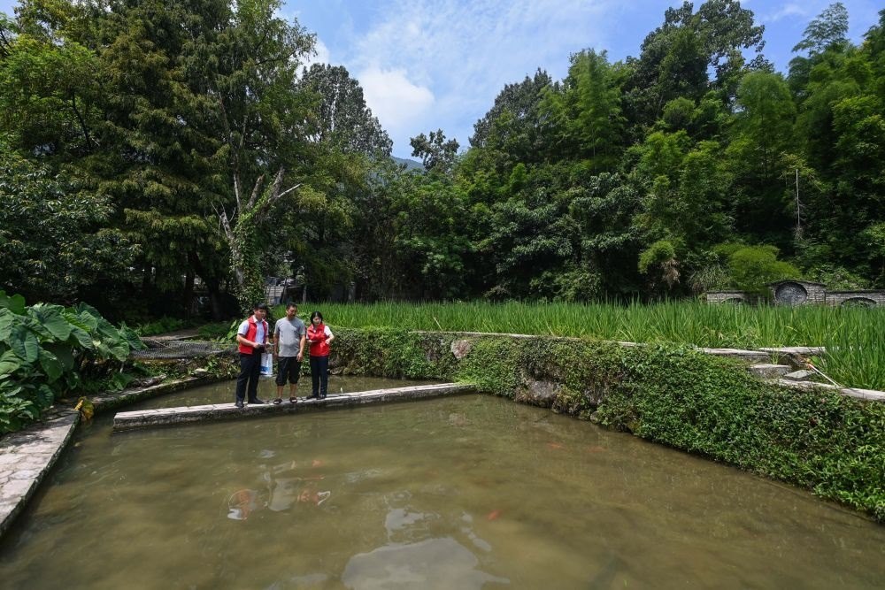 2023年8月17日，浙江省麗水市青田縣方山鄉(xiāng)田魚養(yǎng)殖戶吳勇強（中）在接受青田農(nóng)商銀行“小蜻蜓”服務(wù)隊志愿者提供的“惠民易貸”上門服務(wù)。近年來，青田縣金融發(fā)展中心聯(lián)合各個金融機構(gòu)優(yōu)化配套鄉(xiāng)村振興金融服務(wù)，推出“惠民易貸”“農(nóng)家樂貸”等金融產(chǎn)品，重點支持涉農(nóng)龍頭企業(yè)及特色種養(yǎng)殖產(chǎn)業(yè)。新華社記者 徐昱 攝