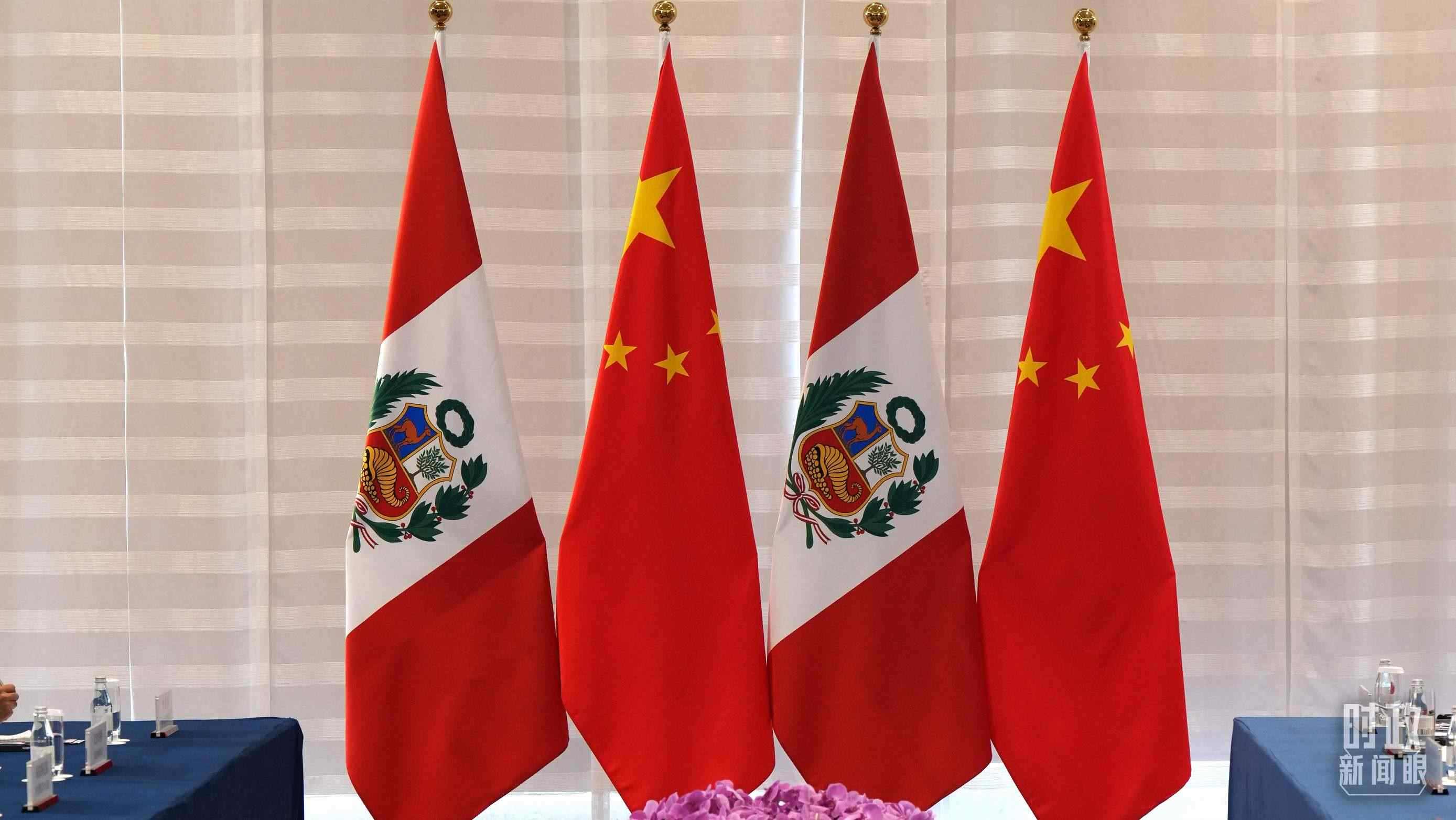 △會(huì)談現(xiàn)場的中秘兩國國旗。（總臺(tái)國廣記者李晉拍攝）