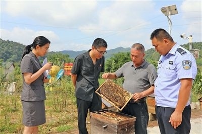  圖②：蒙山法院黃村法庭法官深入蜂蜜合作社，實(shí)地了解蜂農(nóng)需求。