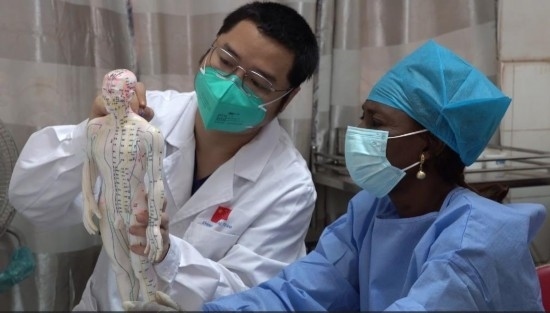 嘉興市中醫(yī)醫(yī)院郝亞波給當(dāng)?shù)刂种v解中醫(yī)經(jīng)絡(luò)。新華社發(fā)