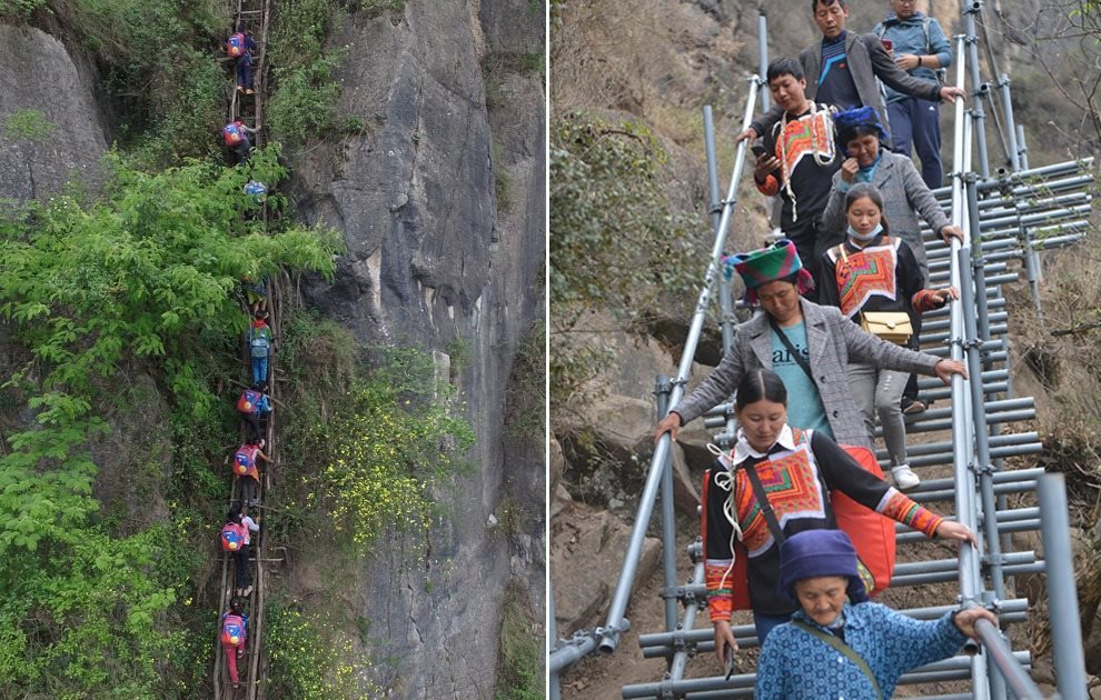 “懸崖村”今昔對比：左圖為2016年5月14日，“懸崖村”的孩子們攀爬木梯回家。右圖為2020年5月13日，“懸崖村”村民帶著行李通過鋼梯下山，搬遷至易地扶貧集中安置點的新家。