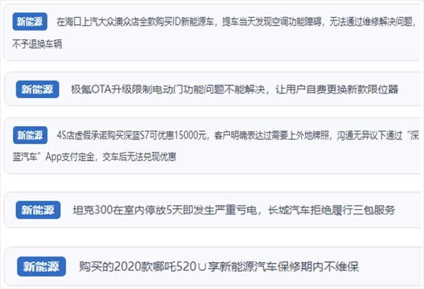 “人民投訴”用戶吐槽新能源汽車功能障礙多發(fā)、升級后配套服務(wù)跟不上、虛假優(yōu)惠、保修期內(nèi)不維保的問題。（“人民投訴”平臺截圖）