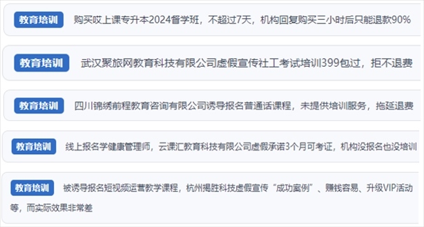 “人民投訴”用戶舉報(bào)機(jī)構(gòu)虛假宣傳包過包拿證、虛假承諾收益效果、課程服務(wù)貨不對板、退款難等在線教培亂象。（“人民投訴”平臺截圖）