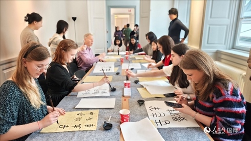 瑞典書法愛好者專心學(xué)習(xí)書法。人民網(wǎng)記者 殷淼攝