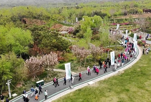 4月27日，登山愛好者在浮山森林公園參加登山健身活動（無人機照片）。新華社記者 李紫恒攝