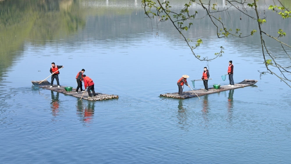 浙江省臺州市仙居縣步路鄉(xiāng)黨員志愿者與河長一起在永安溪巡河護(hù)水，清理雜物垃圾（2024年3月20日攝）。新華社發(fā)（王華斌攝）