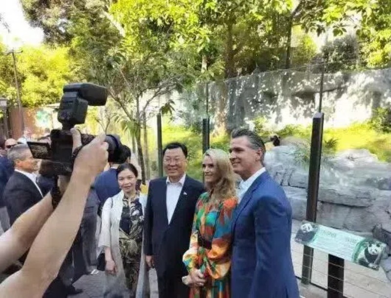 謝鋒大使及夫人與加州州長(zhǎng)紐森夫婦在圣迭戈動(dòng)物園大熊貓館前合影。圖片為中國(guó)駐美大使館提供