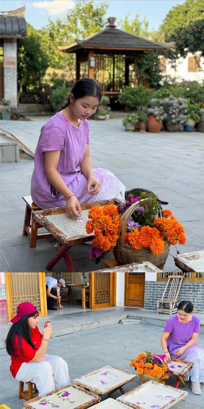 沒有女生不愛花。以古法造紙技藝為基礎(chǔ)，再輔以花草枝葉勾勒各式圖案，創(chuàng)作出花茂村獨具特色的紙漿壓花畫，少女手中的花是她眼中的風(fēng)景，而她與正在制作的紙漿壓花畫也是別人眼中的風(fēng)景。（哈薩克斯坦BAQ通訊社高級記者古爾詹·拉曼庫洛娃、張亞欣攝）