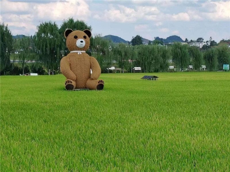 稻穗搖曳，垂柳依依，山嵐多姿，好一幅歲月靜好山鄉(xiāng)恬靜圖。這憨厚俏皮的熊玩偶造型，像是亂入其中，形成現(xiàn)代與傳統(tǒng)、好動與寧靜的反差感，讓人過目不忘，也讓人莞爾一笑。（哈薩克斯坦鳳凰24新聞社總編輯兼首席執(zhí)行官克馬爾·馬山羅攝）