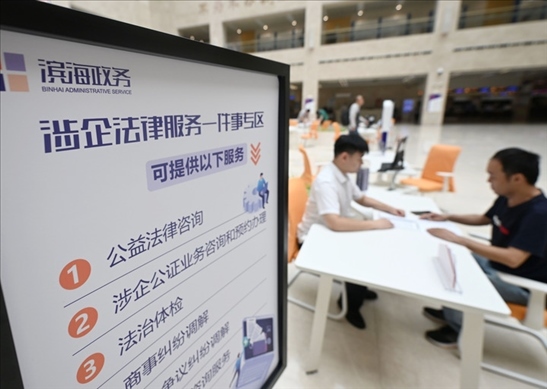 在天津濱海新區(qū)政務服務中心，工作人員在“涉企法律服務一件事”專區(qū)為市民提供服務（2024年7月31日攝）。新華社記者 趙子碩 攝