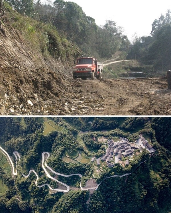 拼版照片：上圖為2011年12月拍攝的湖南省湘西土家族苗族自治州花垣縣十八洞村進村道路；下圖為2019年9月拍攝的十八洞村及進村道路。