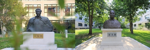 拼版照片：左圖為中央黨校（國家行政學院）校園內(nèi)的焦裕祿雕塑；右圖為中央黨校（國家行政學院）校園內(nèi)的谷文昌雕塑。