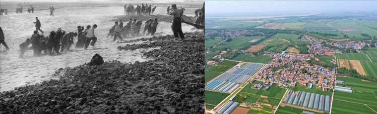 拼版照片：左圖為蘭考群眾在拉淤土壓沙（新華社記者 鄧歷耕 攝）；右圖為2024年4月25日拍攝的蘭考縣張莊村（無人機照片，新華社記者 郝源 攝）。