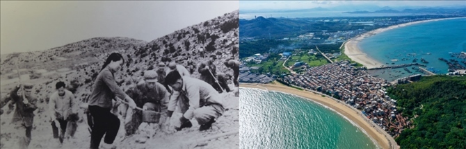 拼版照片：左圖為東山縣群眾在荒山上種植樹苗（資料照片）；右圖為2020年6月18日拍攝的東山縣陳城鎮(zhèn)澳角村附近風光（無人機照片，新華社記者 姜克紅 攝）。