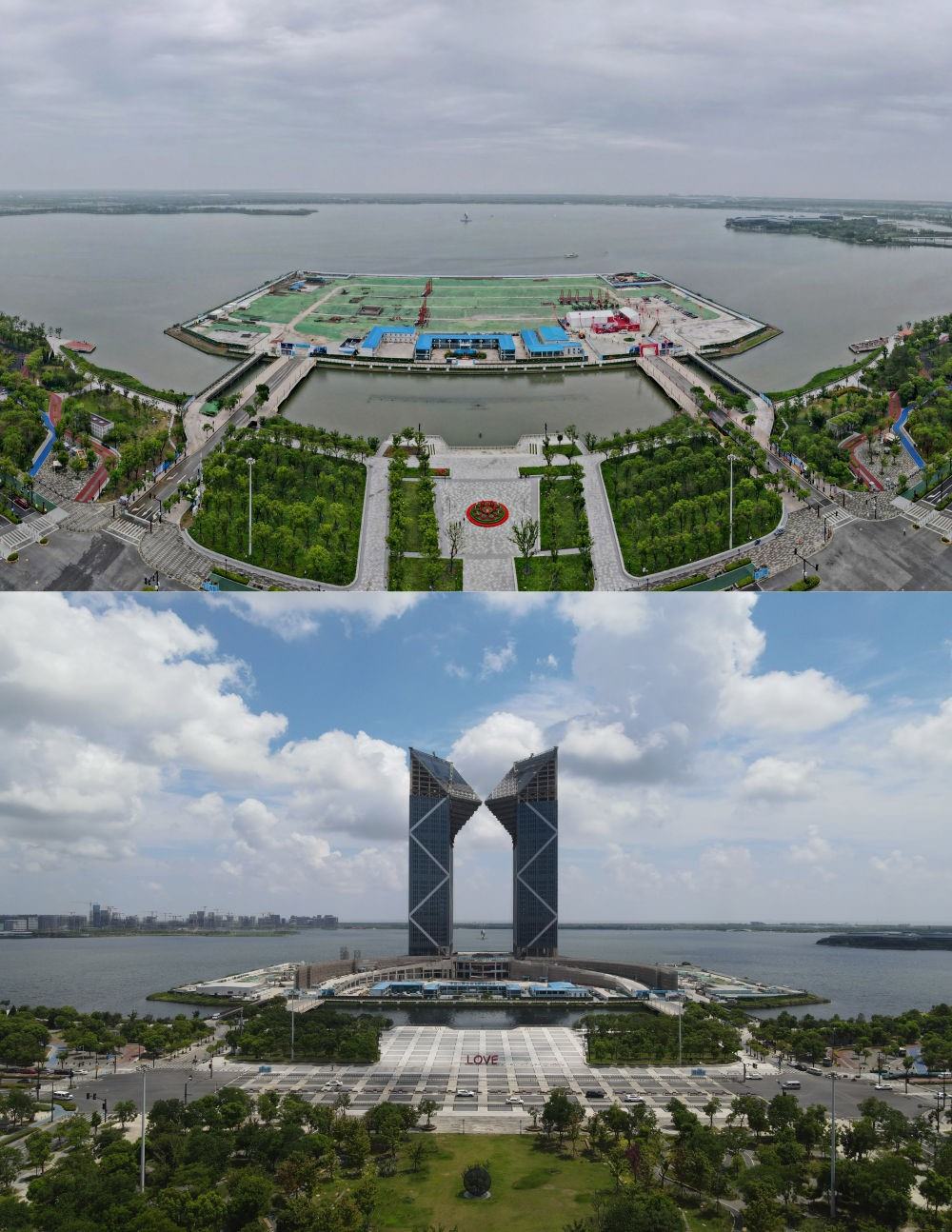 拼版照片：空中俯瞰中國（上海）自由貿(mào)易試驗(yàn)區(qū)臨港新片區(qū)滴水湖西島中銀金融中心項(xiàng)目現(xiàn)場（上圖為2021年6月20日攝，無人機(jī)照片；下圖為2024年8月14日攝，無人機(jī)照片）。2019年8月20日，臨港新片區(qū)揭牌成立，一個(gè)開放新高地在長江與東海交匯處日益崛起。