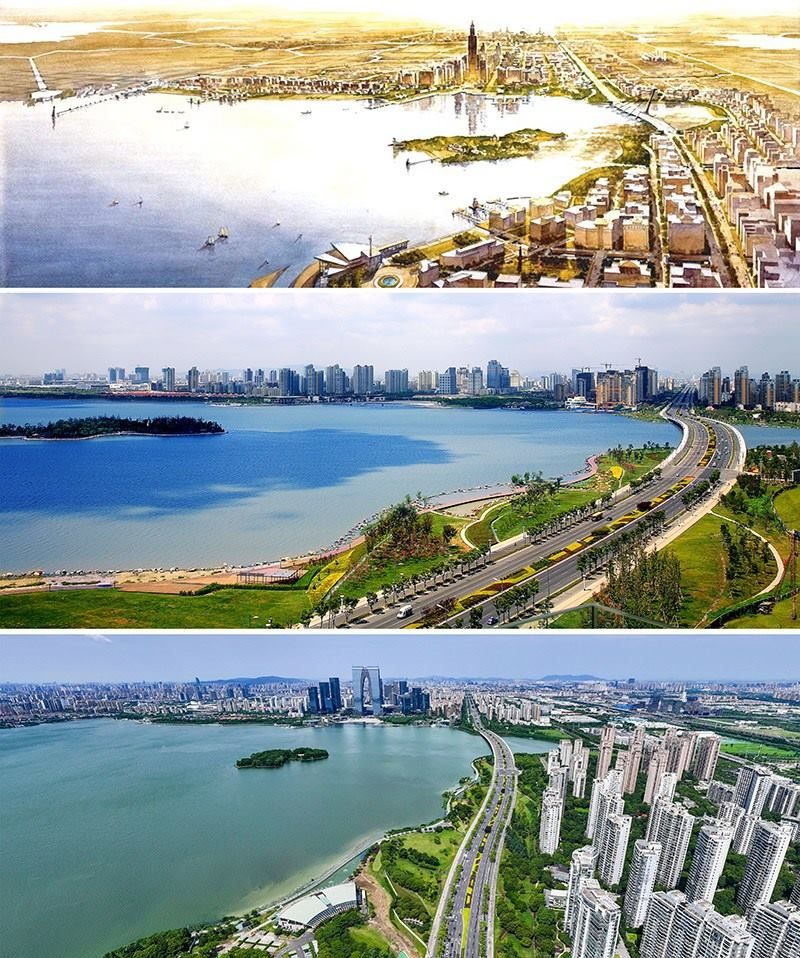 拼版照片：上圖為1994年繪制的蘇州工業(yè)園區(qū)手繪規(guī)劃圖；中圖為2007年拍攝的蘇州工業(yè)園區(qū)；下圖為2023年7月4日用無人機拍攝的蘇州工業(yè)園區(qū)。