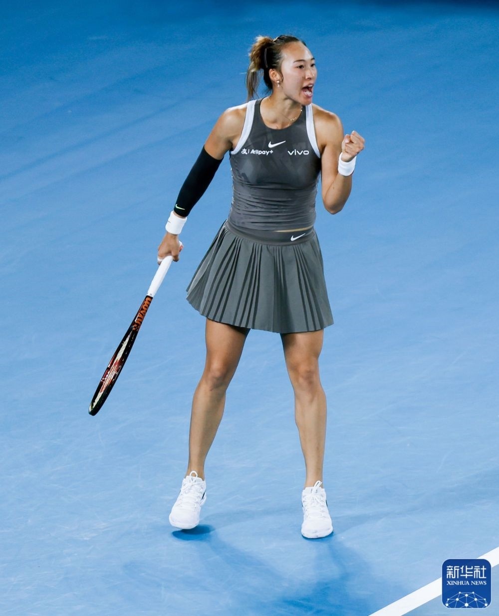 ↑鄭欽文在比賽中慶祝得分。新華社記者 馬平 攝