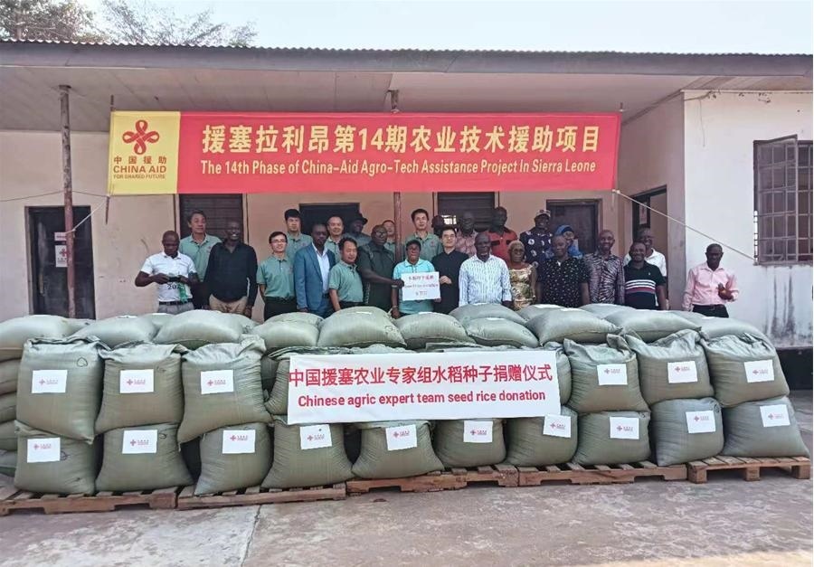 中國援塞拉利昂農(nóng)業(yè)專家組在塞南方省博城舉辦水稻種子捐贈儀式。中國援塞農(nóng)業(yè)專家組供圖