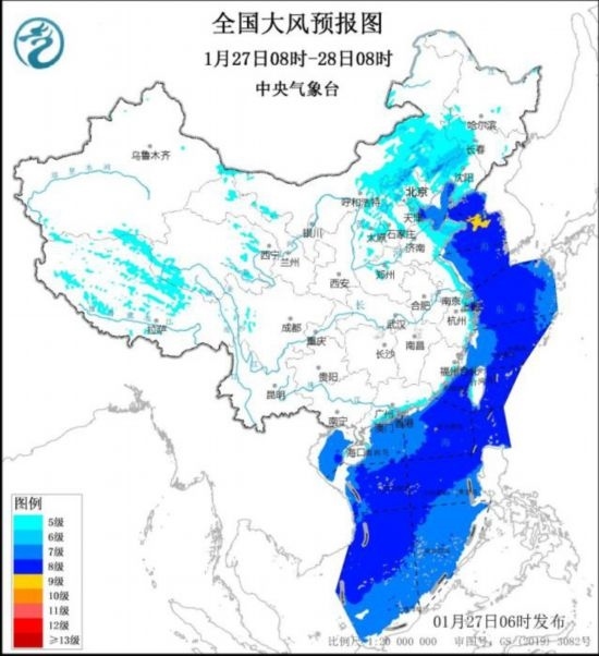 全國大風預報圖(1月27日08時-28日08時) 圖片來源：中央氣象臺網(wǎng)站