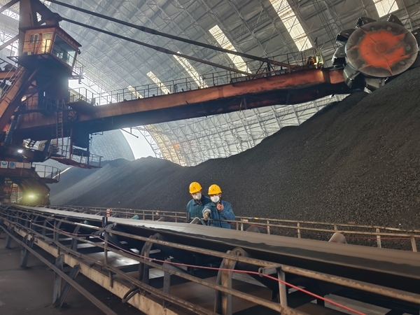 趙善國(guó)（右）和同事對(duì)電廠煤場(chǎng)進(jìn)行巡檢。受訪者供圖