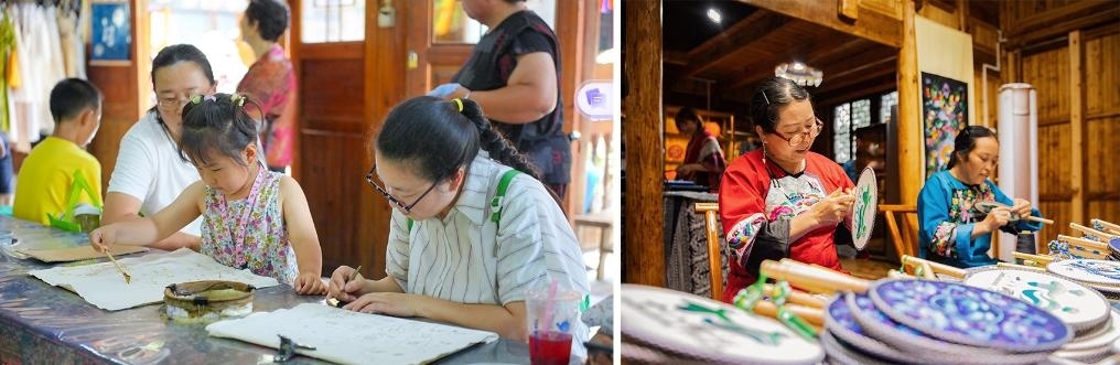 左圖：近期，游客在黎平縣肇興侗寨體驗非遺蠟染藝術(shù)（黎平縣委宣傳部供圖）；右圖：這是2024年拍攝的繡娘在十八洞村梨子寨苗繡鄉(xiāng)村振興示范基地制作苗繡產(chǎn)品（湘西州委宣傳部供圖）。