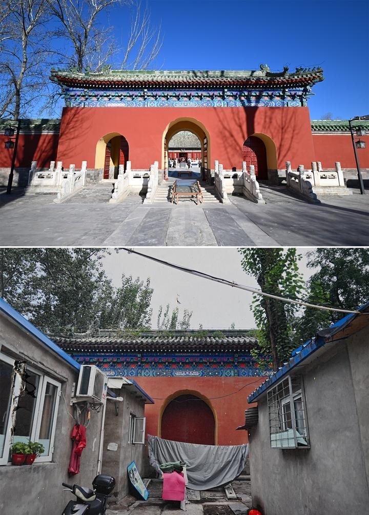 位于先農(nóng)壇內(nèi)的慶成宮，曾長(zhǎng)時(shí)間被雜亂的民居占據(jù)。在北京中軸線(xiàn)申遺保護(hù)工作的帶動(dòng)下，北京完成了慶成宮區(qū)域文物征收騰退、非文物建筑拆除、彩畫(huà)保護(hù)、本體修繕、展覽布陳等，讓560多年歷史的古建群重新回歸。2024年12月，北京中軸線(xiàn)上先農(nóng)壇內(nèi)的慶成宮首次面向社會(huì)公眾開(kāi)放。上圖為騰退修繕后的慶成宮內(nèi)宮門(mén)（資料照片）；下圖為翻拍的慶成宮內(nèi)宮門(mén)騰退修繕前的資料照片（2024年12月21日攝）。